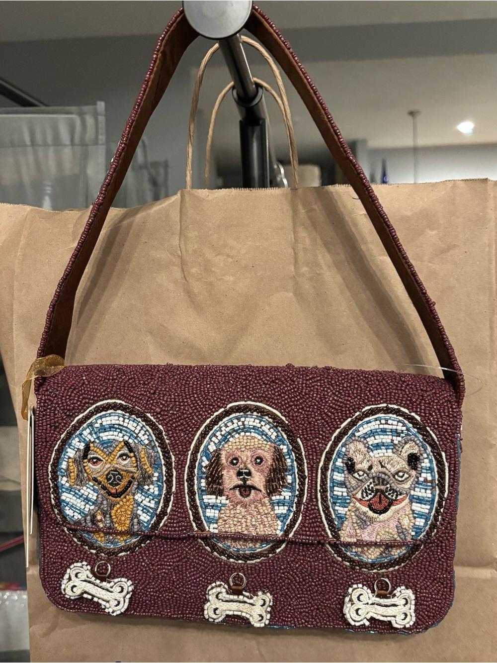 Beaded Burgundy Dog Portrait Shoulder Bag